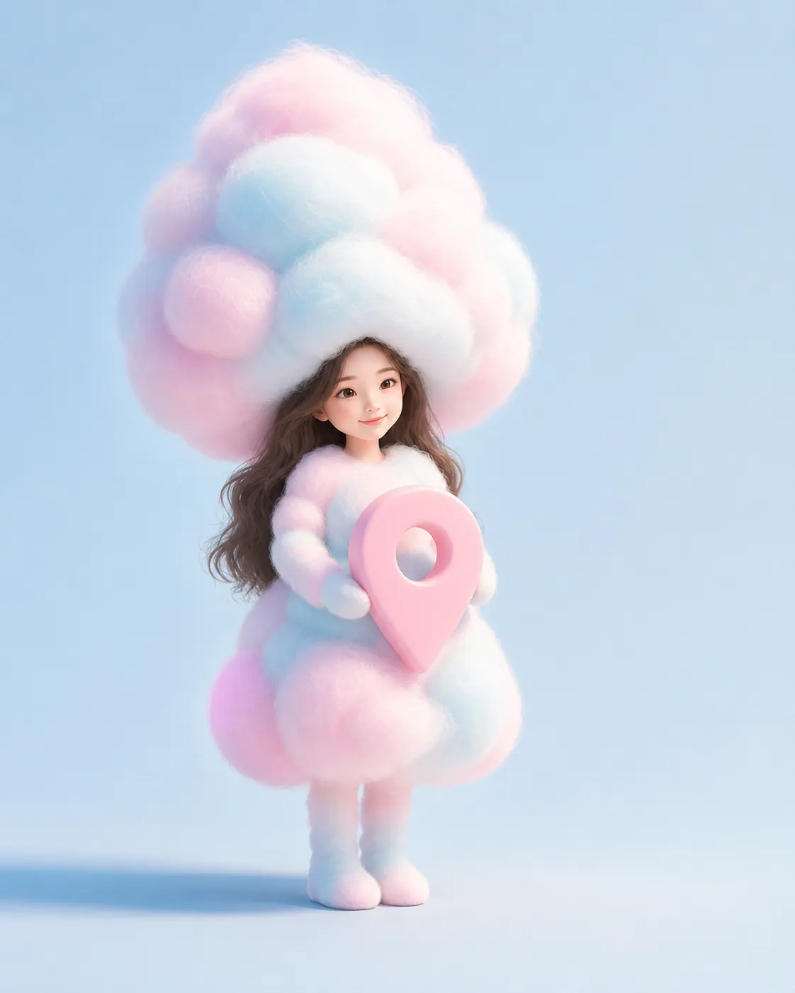 위치 안내 표지판을 들고 있는 솜사탕 캐릭터