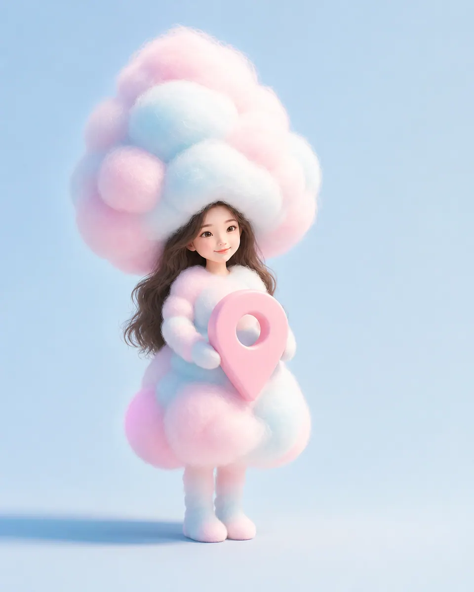 위치 안내 핀을 든 솜사탕 캐릭터